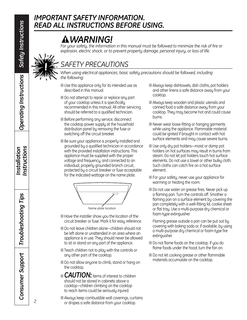 Warning, Caution, Safety precautions | GE JP256 User Manual | Page 2 / 80