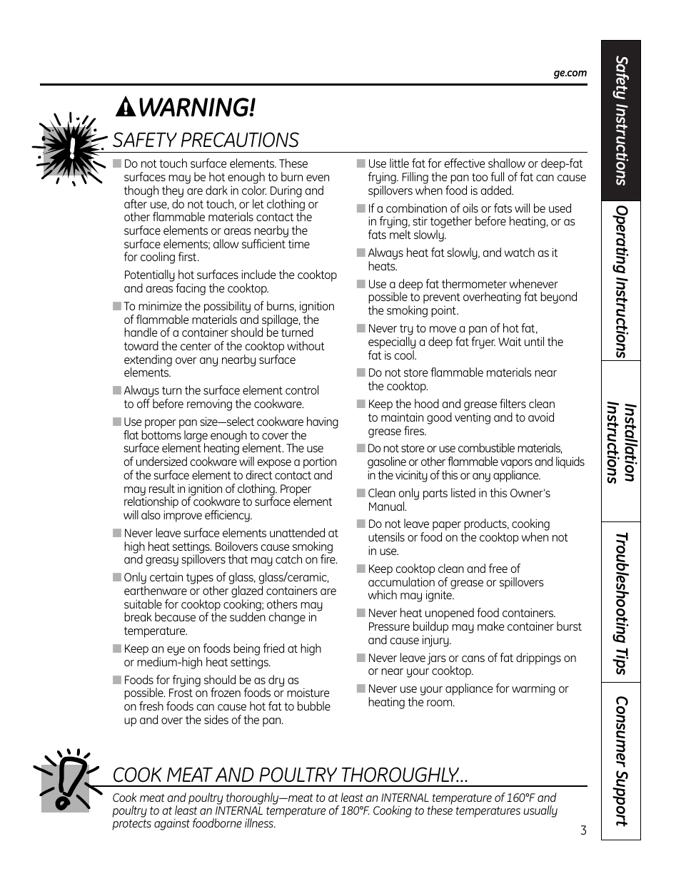 Warning, Cook meat and poultry thoroughly, Safety precautions | GE JP256 User Manual | Page 3 / 80