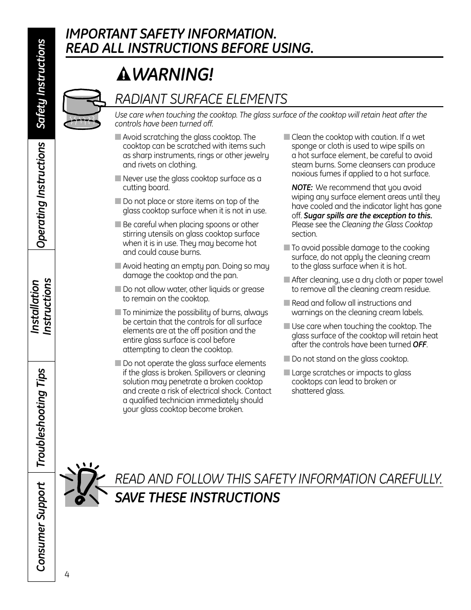 Warning, Save these instructions, Radiant surface elements | Read and follow this safety information carefully | GE JP256 User Manual | Page 4 / 80