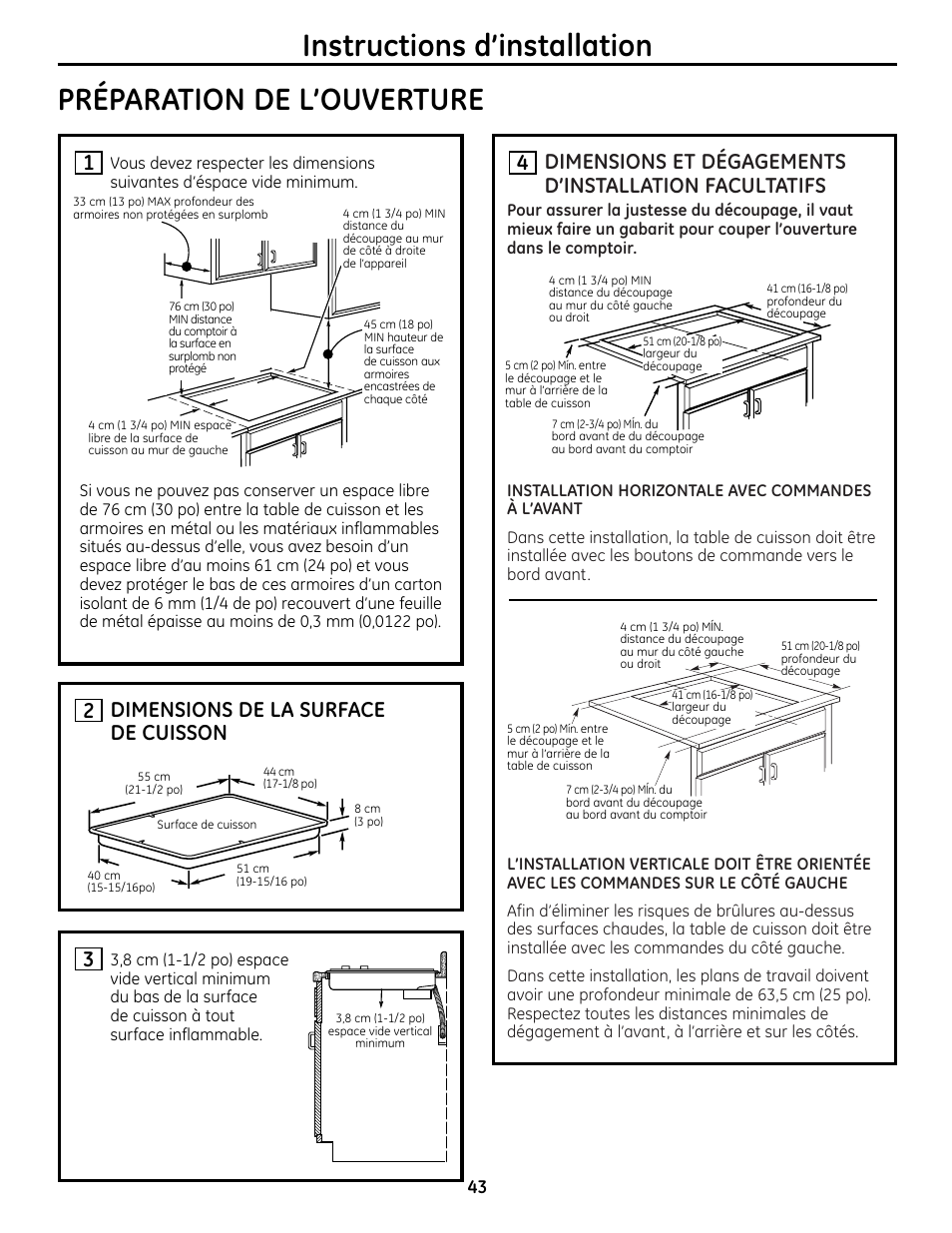 1dimensions de la surface de cuisson 2 | GE JP256 User Manual | Page 43 / 80