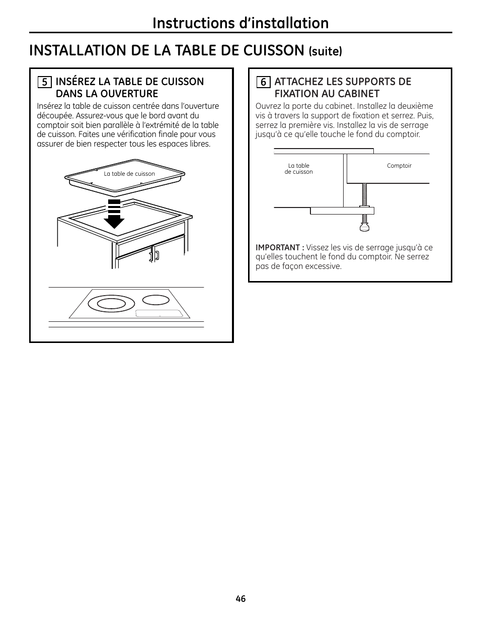 Instructions d’installation, Installation de la table de cuisson, Suite) | GE JP256 User Manual | Page 46 / 80