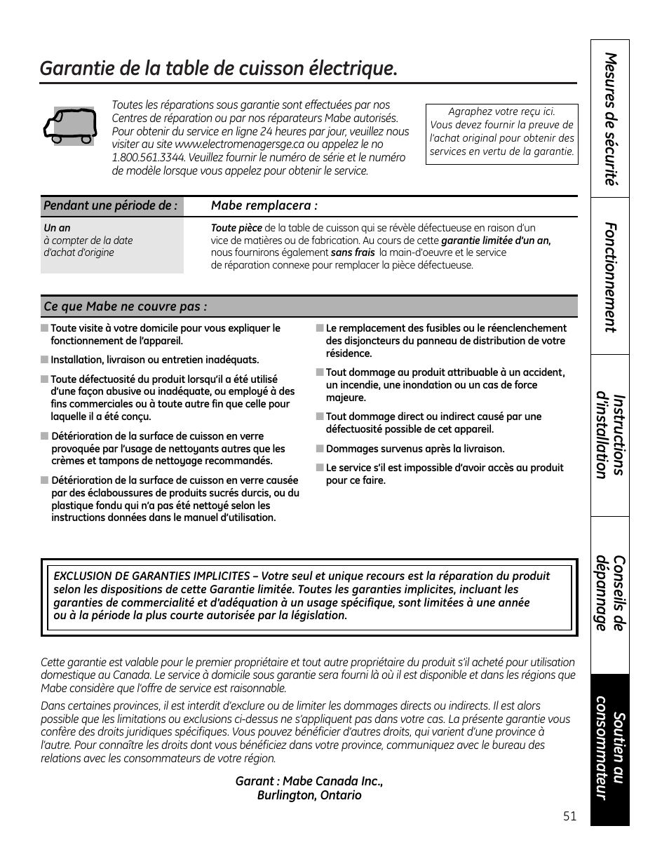 Garantie de la table de cuisson électrique | GE JP256 User Manual | Page 51 / 80