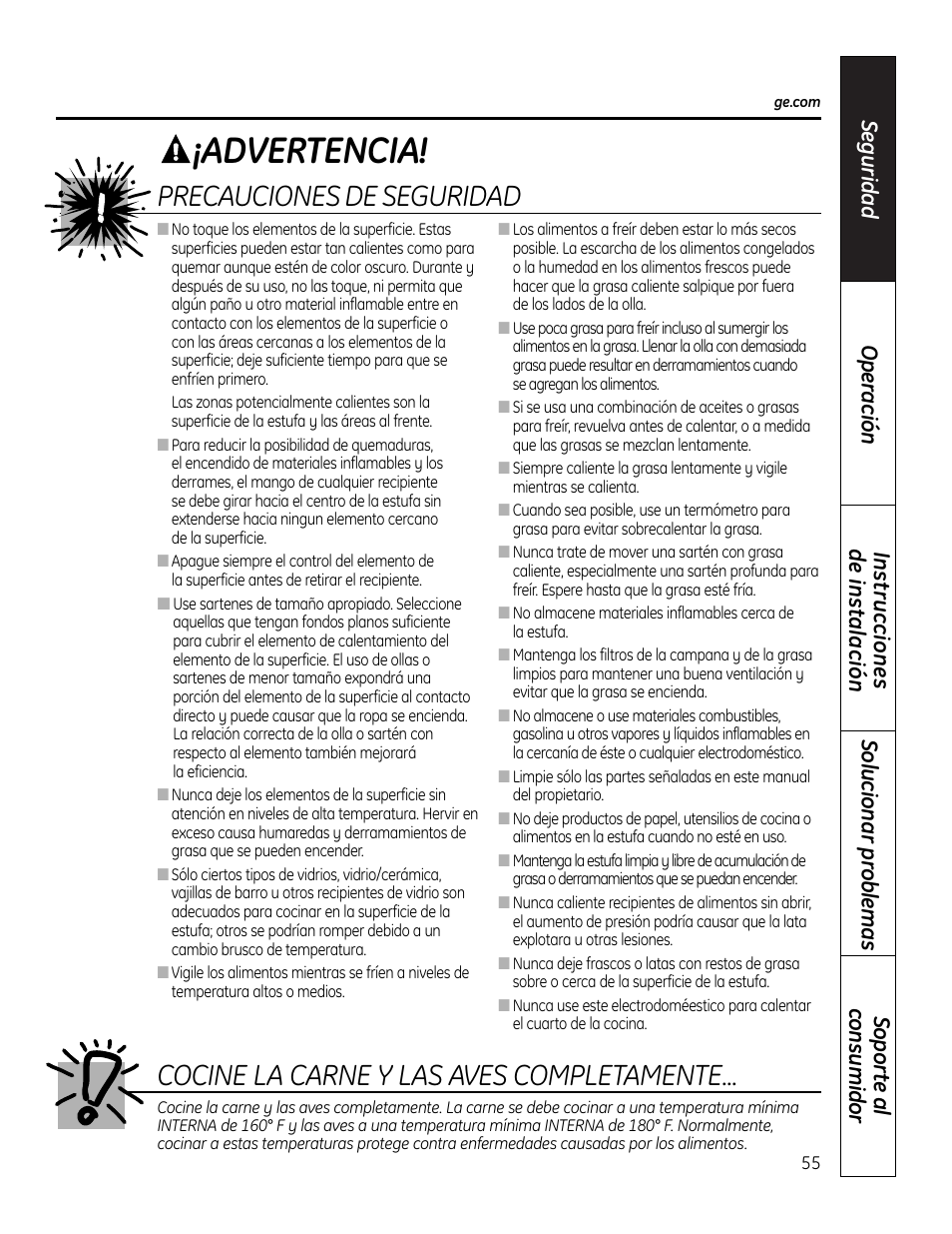 Advertencia, Cocine la carne y las aves completamente, Precauciones de seguridad | GE JP256 User Manual | Page 55 / 80