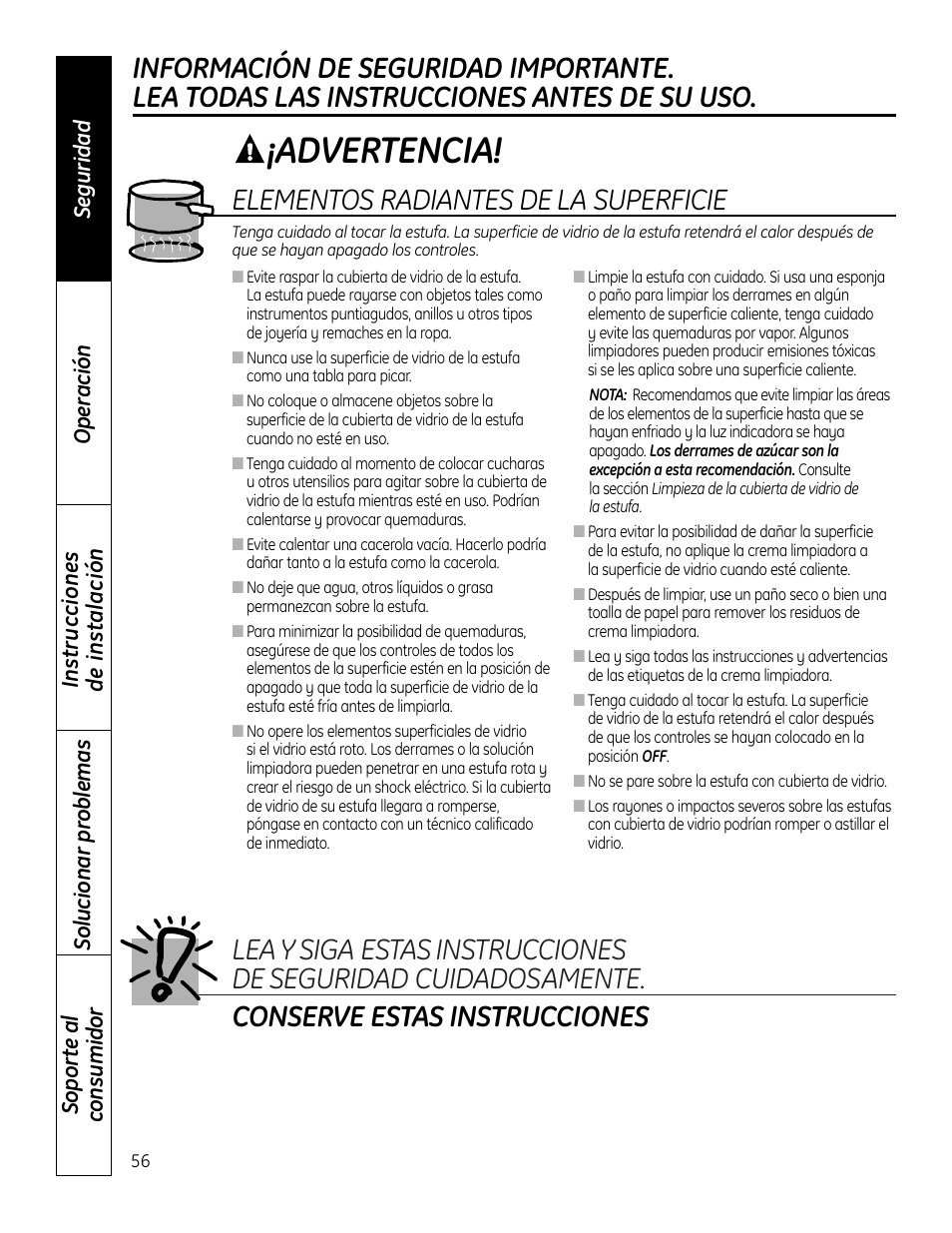 Advertencia, Elementos radiantes de la superficie | GE JP256 User Manual | Page 56 / 80