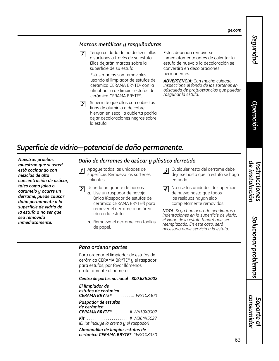 Superficie de vidrio—potencial de daño permanente | GE JP256 User Manual | Page 63 / 80