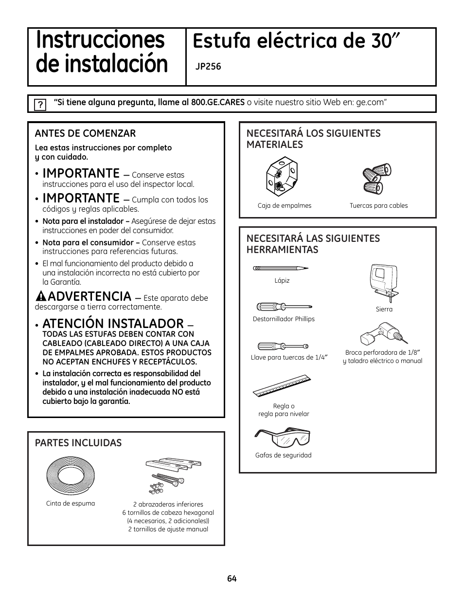 Instrucciones, De instalación, Estufa eléctrica de 30 | Importante, Advertencia, Atención instalador | GE JP256 User Manual | Page 64 / 80