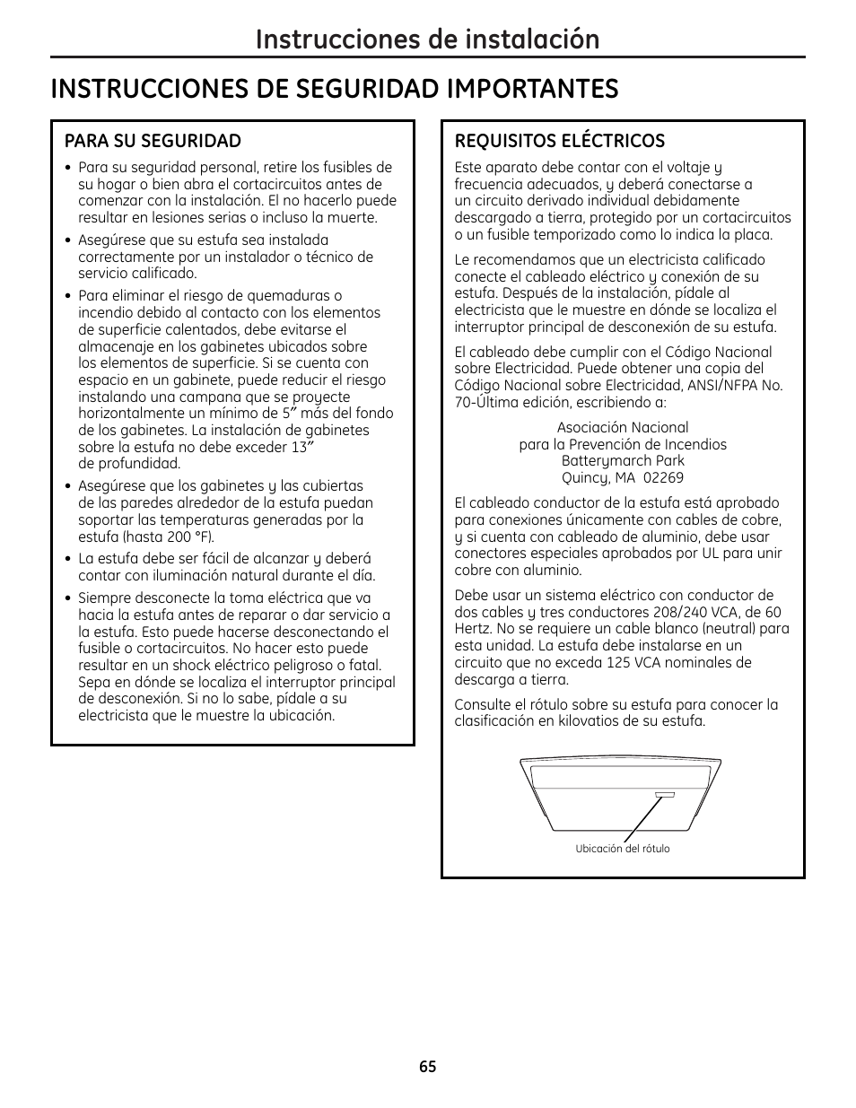 Instrucciones de instalación, Instrucciones de seguridad importantes | GE JP256 User Manual | Page 65 / 80