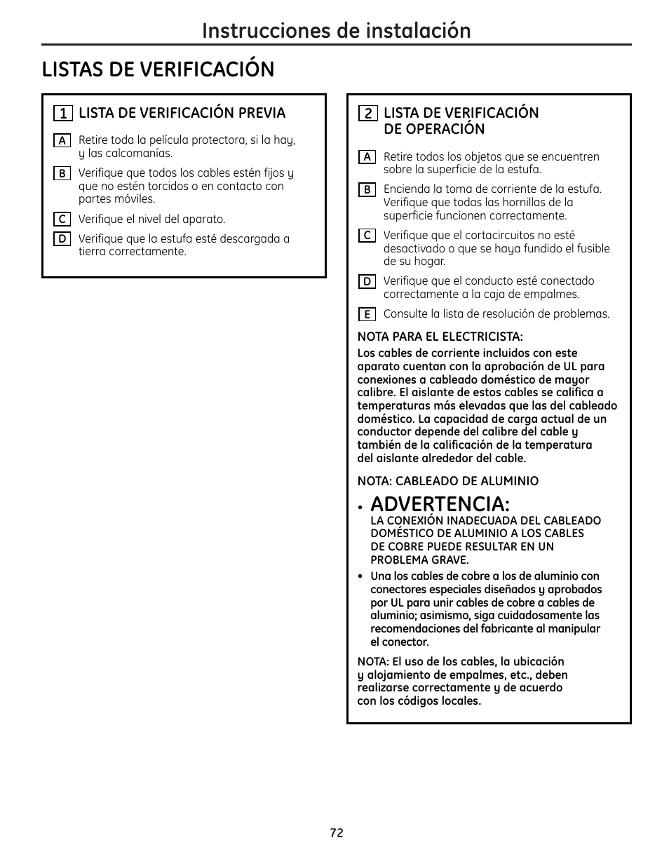 Instrucciones de instalación, Listas de verificación, Advertencia | GE JP256 User Manual | Page 72 / 80