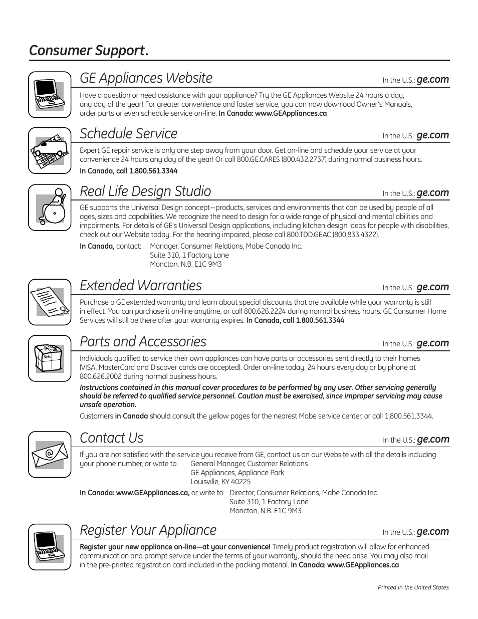 Consumer support. ge appliances website, Schedule service, Real life design studio | Extended warranties, Parts and accessories, Contact us, Register your appliance | GE JP256 User Manual | Page 80 / 80