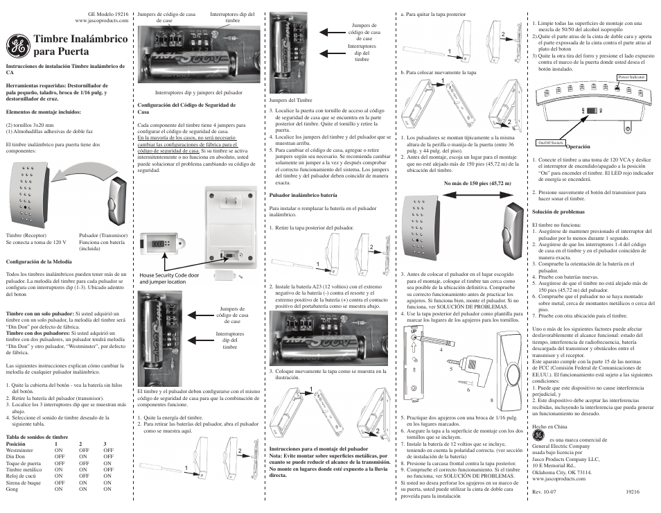 Timbre inalámbrico para puerta | GE 19216 User Manual | Page 2 / 2