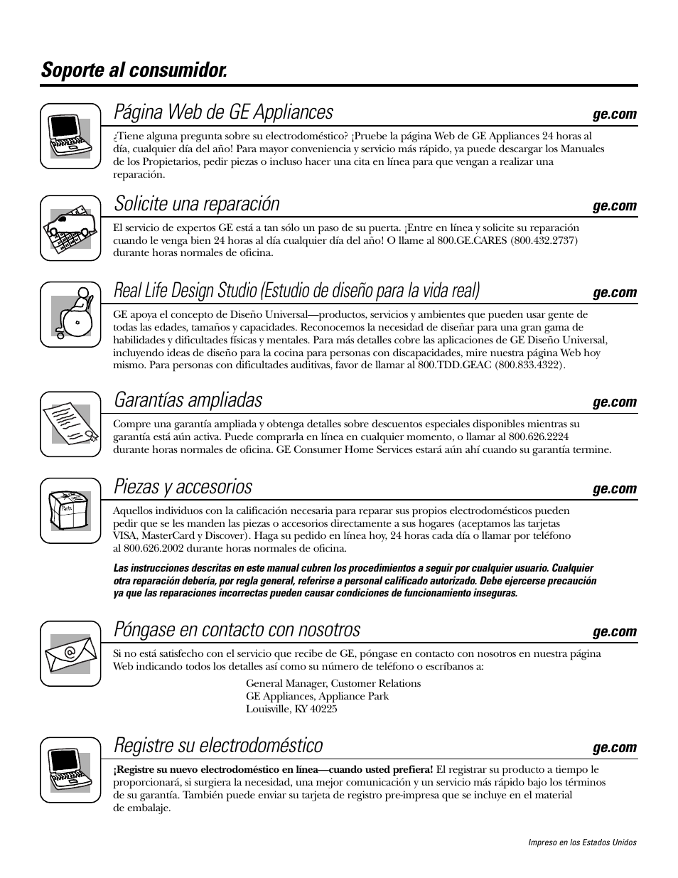 Soporte al consumidor, Soporte al consumidor. página web de ge appliances, Solicite una reparación | Garantías ampliadas, Piezas y accesorios, Póngase en contacto con nosotros, Registre su electrodoméstico | GE PT970SMSS User Manual | Page 104 / 104