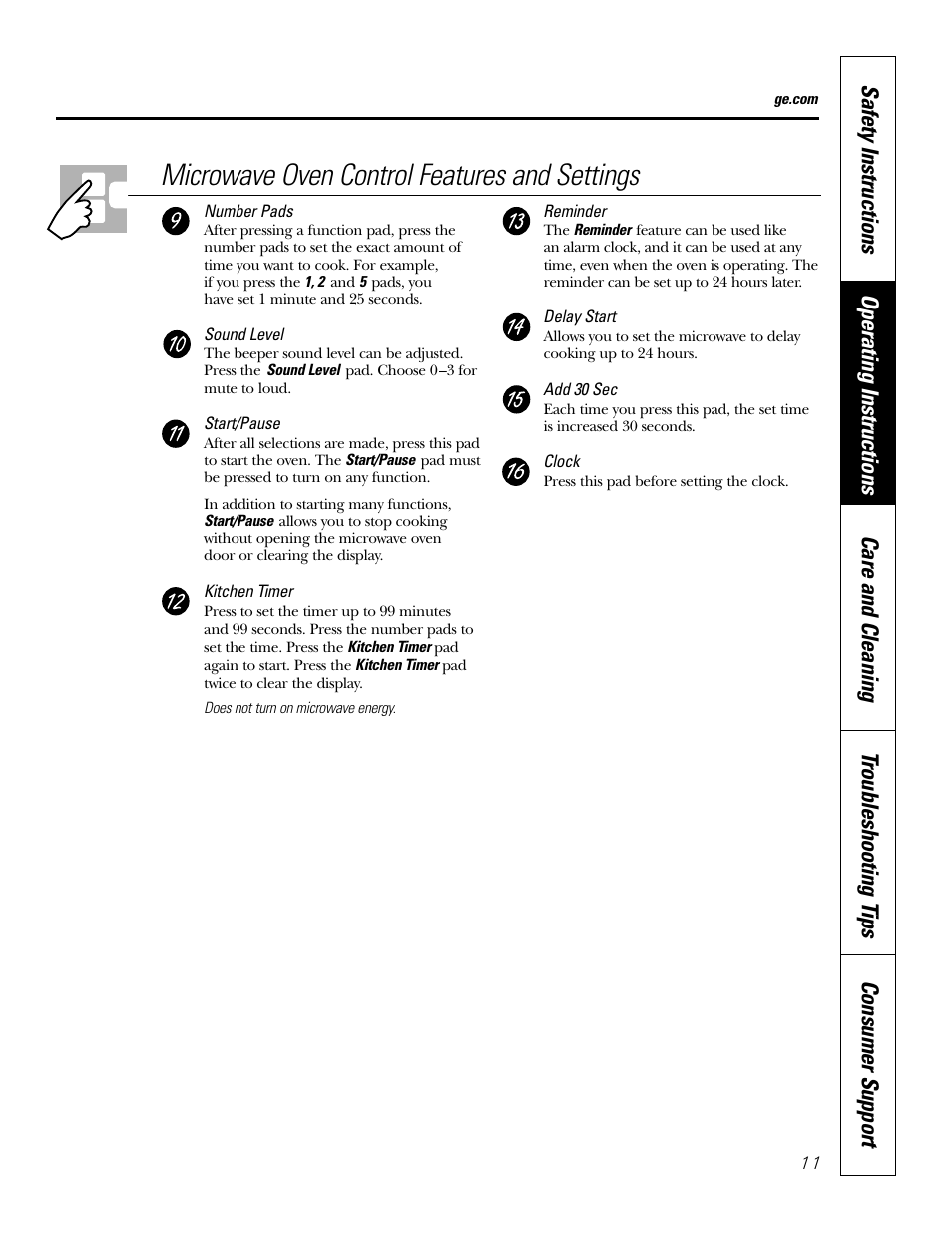 Microwave oven control features and settings | GE PT970SMSS User Manual | Page 11 / 104