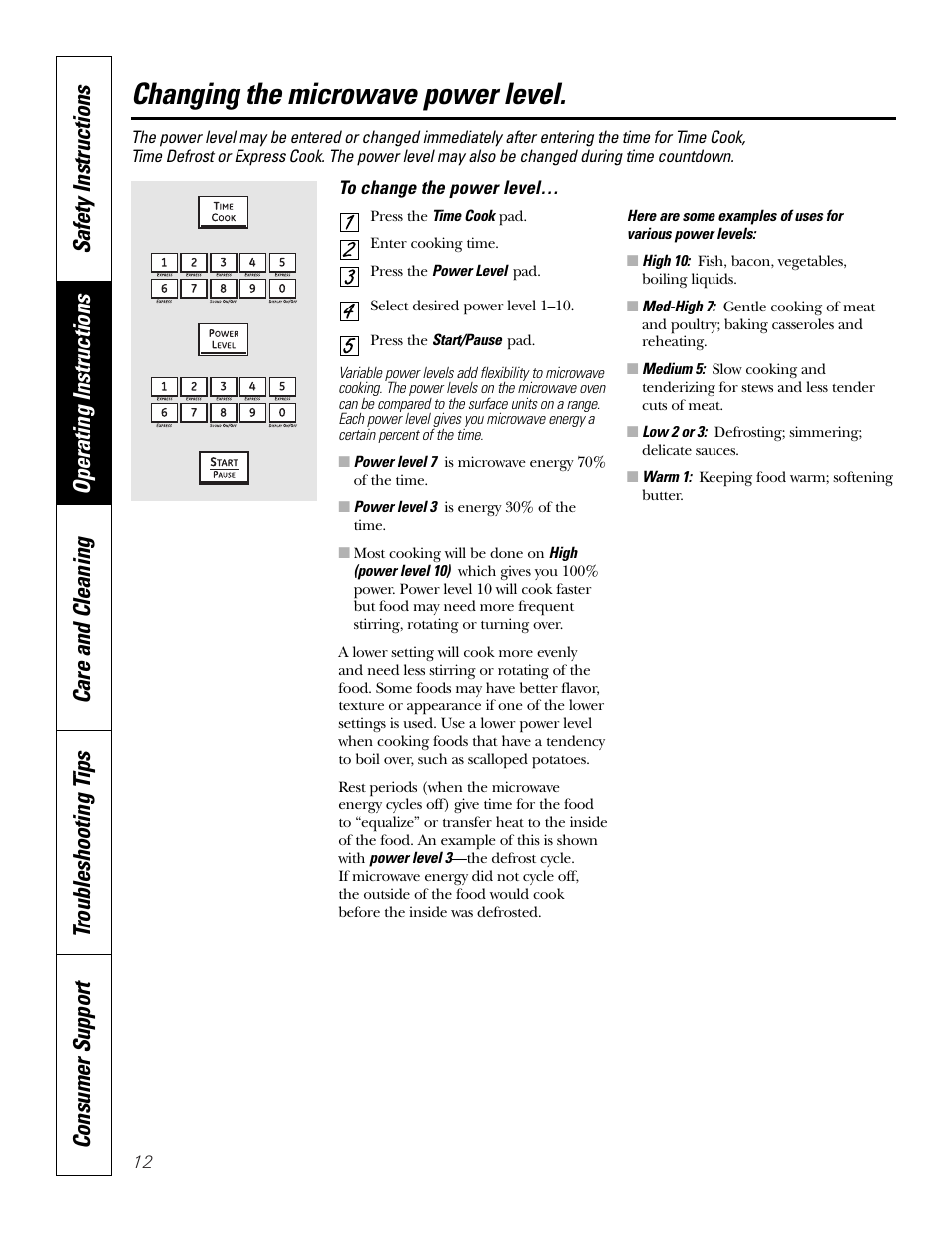 Changing the microwave power level | GE PT970SMSS User Manual | Page 12 / 104