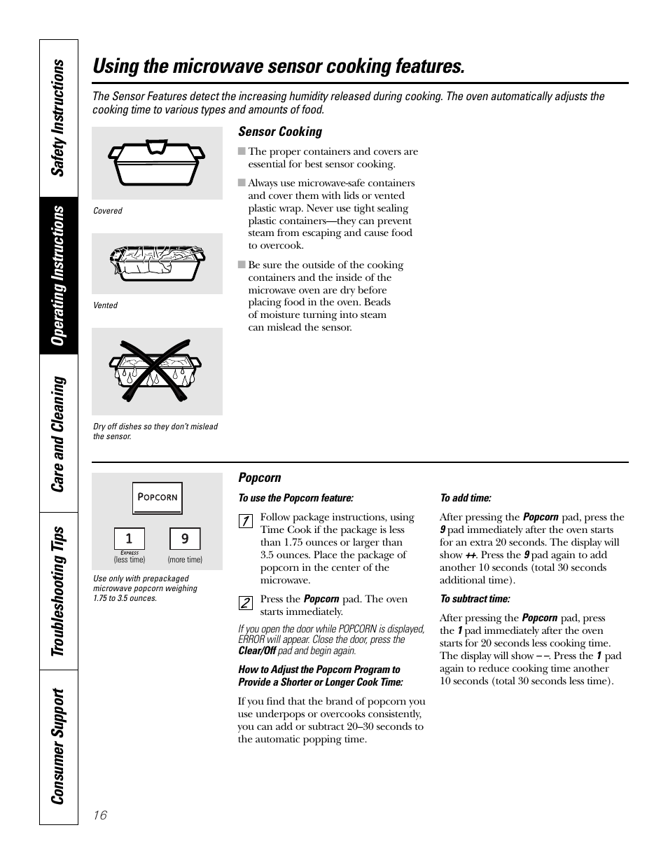 Sensor controls, Sensor controls –18, Using the microwave sensor cooking features | GE PT970SMSS User Manual | Page 16 / 104