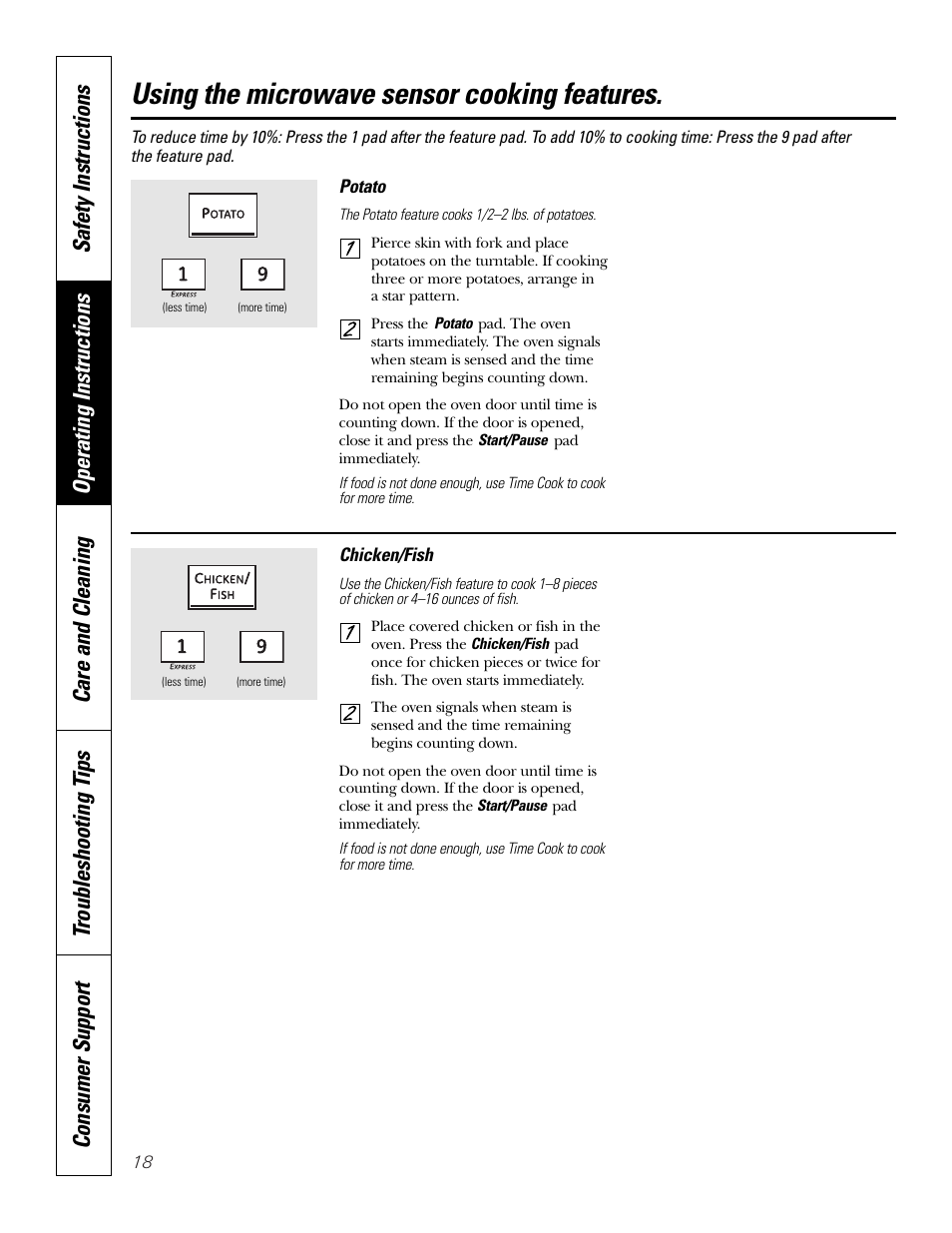 Using the microwave sensor cooking features | GE PT970SMSS User Manual | Page 18 / 104