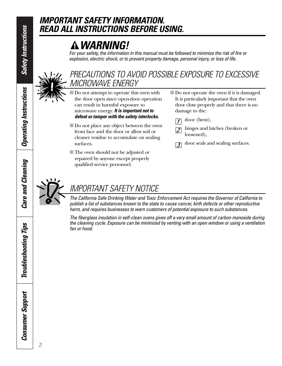 Safety instructions, Warning, Important safety notice | GE PT970SMSS User Manual | Page 2 / 104