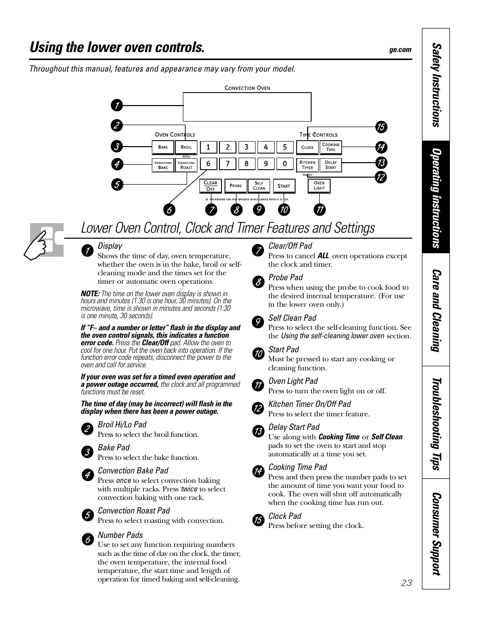 Lower oven control panel, Lower oven controls, Lower oven control panel lower oven controls –38 | Using the lower oven controls | GE PT970SMSS User Manual | Page 23 / 104