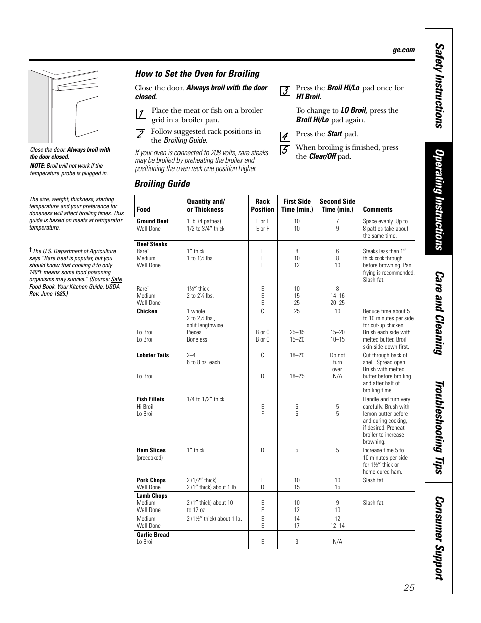 How to set the oven for broiling, Broiling guide | GE PT970SMSS User Manual | Page 25 / 104