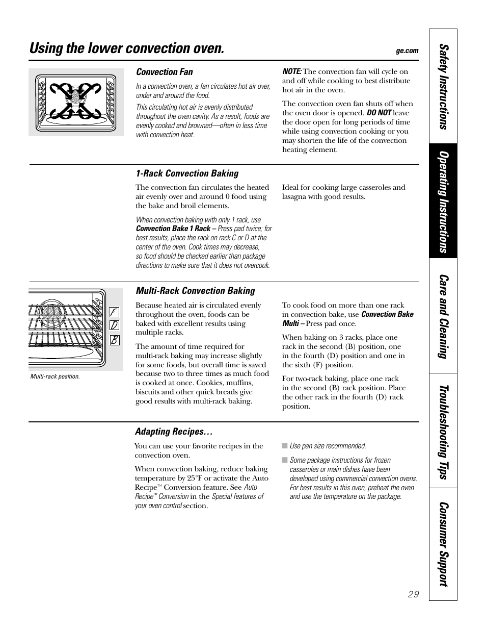 Using the lower convection oven | GE PT970SMSS User Manual | Page 29 / 104