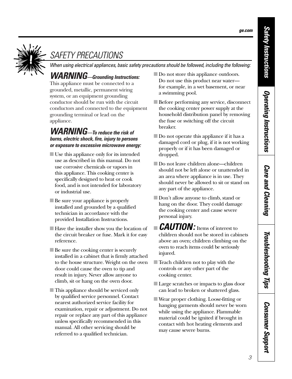 Warning, Caution, Safety precautions | GE PT970SMSS User Manual | Page 3 / 104