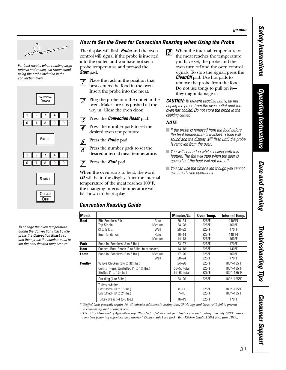 Convection roasting guide | GE PT970SMSS User Manual | Page 31 / 104