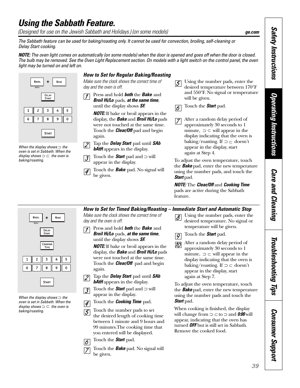 Sabbath feature, Sabbath feature , 40, Using the sabbath feature | GE PT970SMSS User Manual | Page 39 / 104