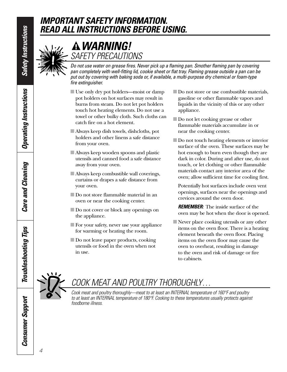 Warning, Safety precautions, Cook meat and poultry thoroughly | GE PT970SMSS User Manual | Page 4 / 104