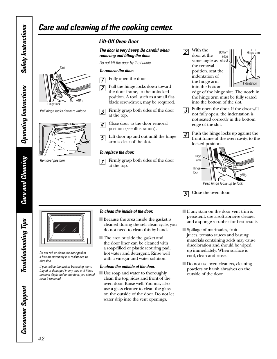 Door, Care and cleaning of the cooking center | GE PT970SMSS User Manual | Page 42 / 104