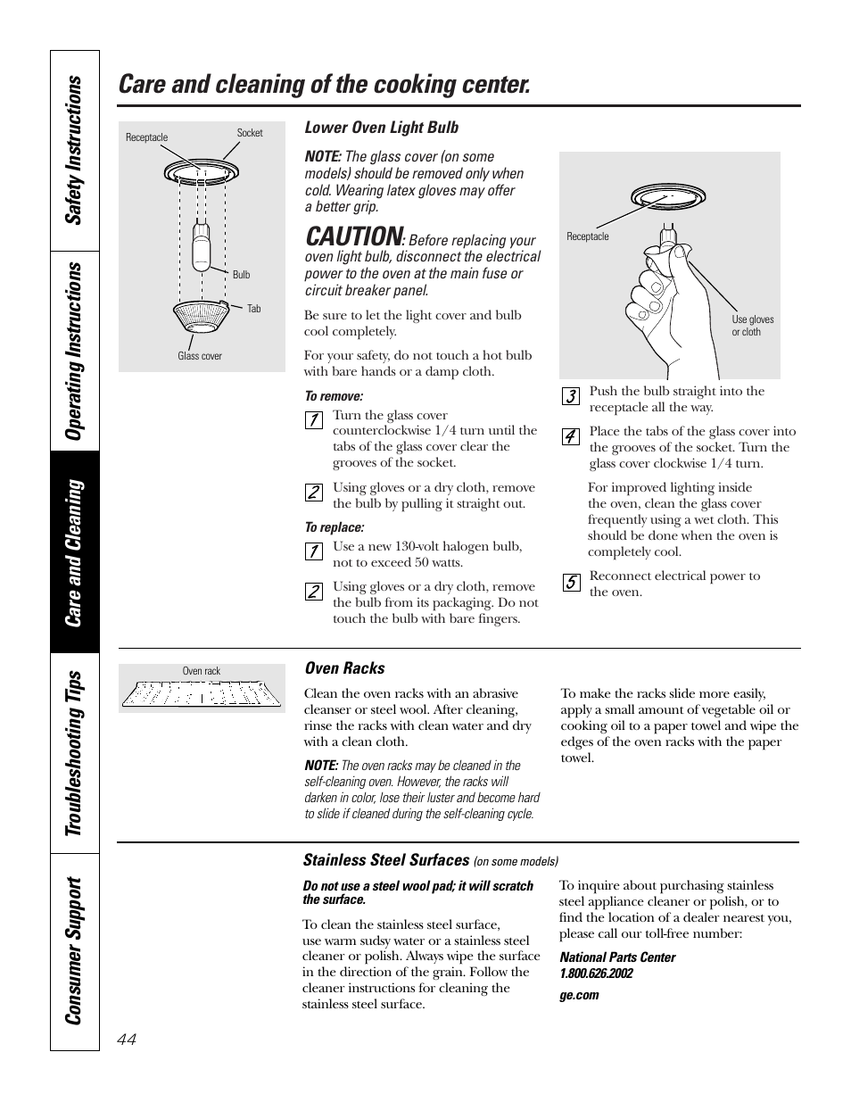 Light bulb, Racks, Care and cleaning of the cooking center | Caution | GE PT970SMSS User Manual | Page 44 / 104