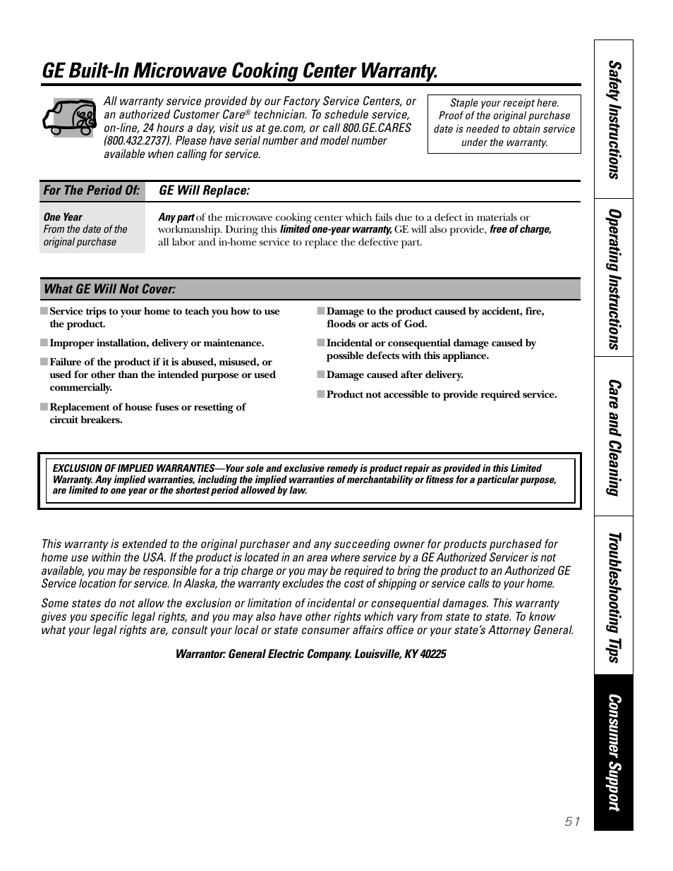 Warranty, Ge built-in microwave cooking center warranty | GE PT970SMSS User Manual | Page 51 / 104