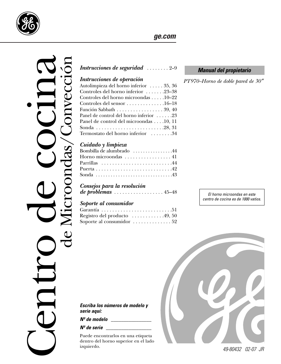 Español, Instrucciones de operación, Cuidado y limpieza | Soporte al consumidor, Centro de cocina, De microondas/convección | GE PT970SMSS User Manual | Page 53 / 104