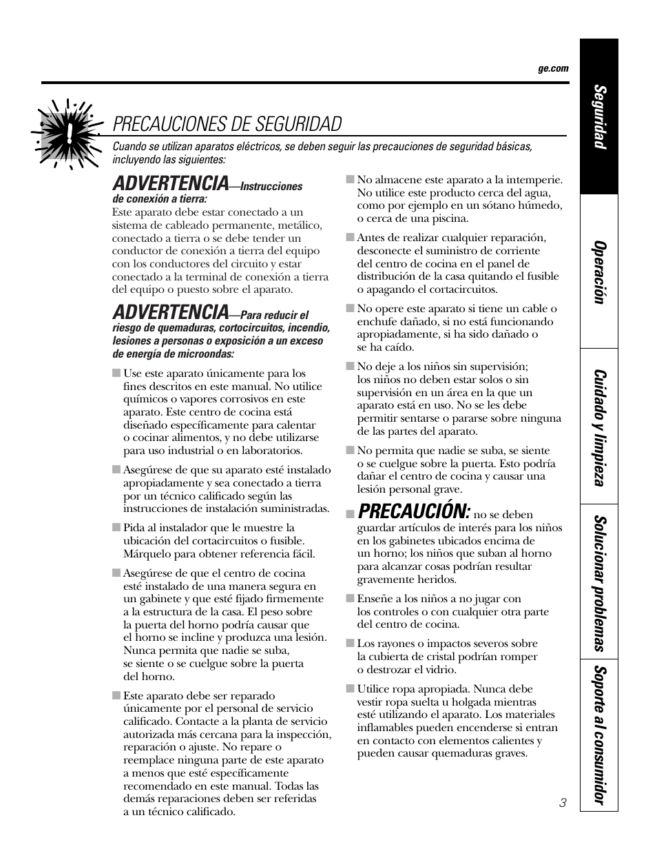 Advertencia, Precaución, Precauciones de seguridad | GE PT970SMSS User Manual | Page 55 / 104