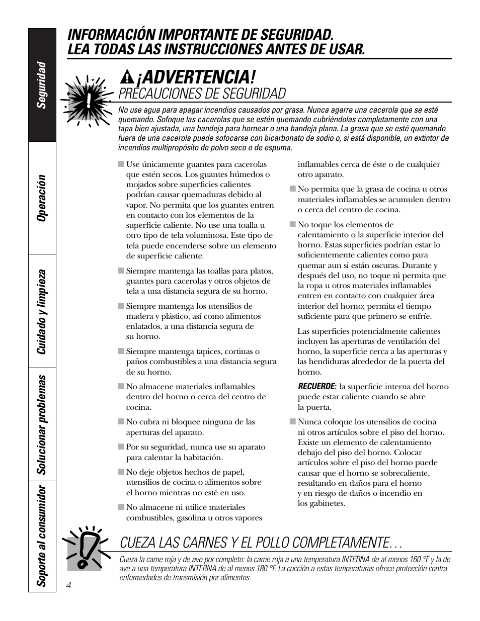 Advertencia, Precauciones de seguridad, Cueza las carnes y el pollo completamente | GE PT970SMSS User Manual | Page 56 / 104