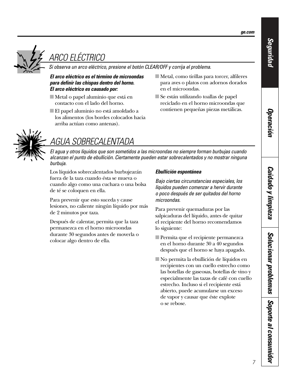 Arco eléctrico, Agua sobrecalentada | GE PT970SMSS User Manual | Page 59 / 104