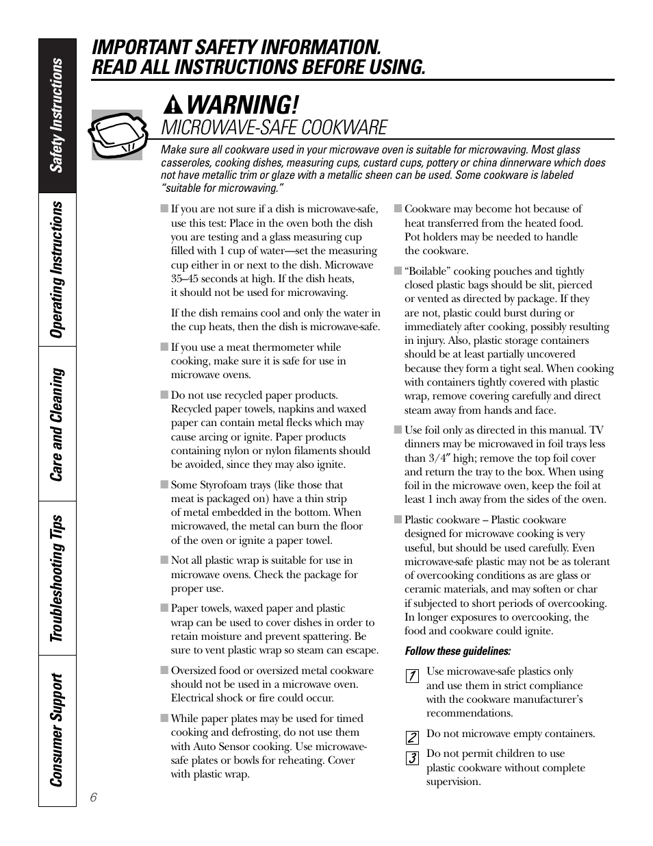 Warning, Microwave-safe cookware | GE PT970SMSS User Manual | Page 6 / 104