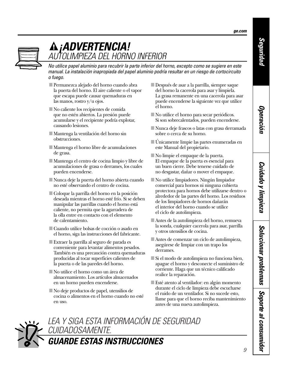 Advertencia, Autolimpieza del horno inferior | GE PT970SMSS User Manual | Page 61 / 104