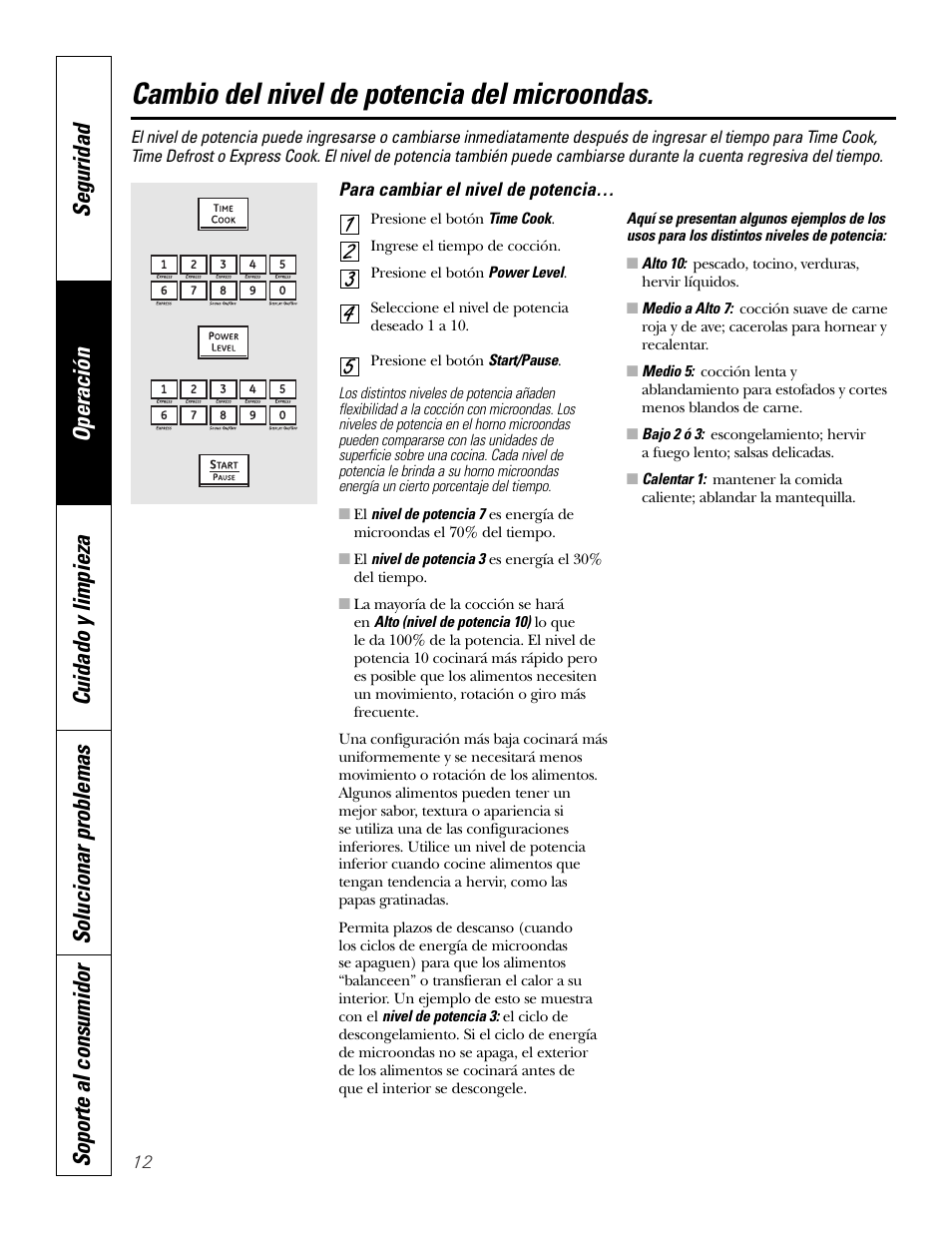 Cambio del nivel de potencia del microondas | GE PT970SMSS User Manual | Page 64 / 104