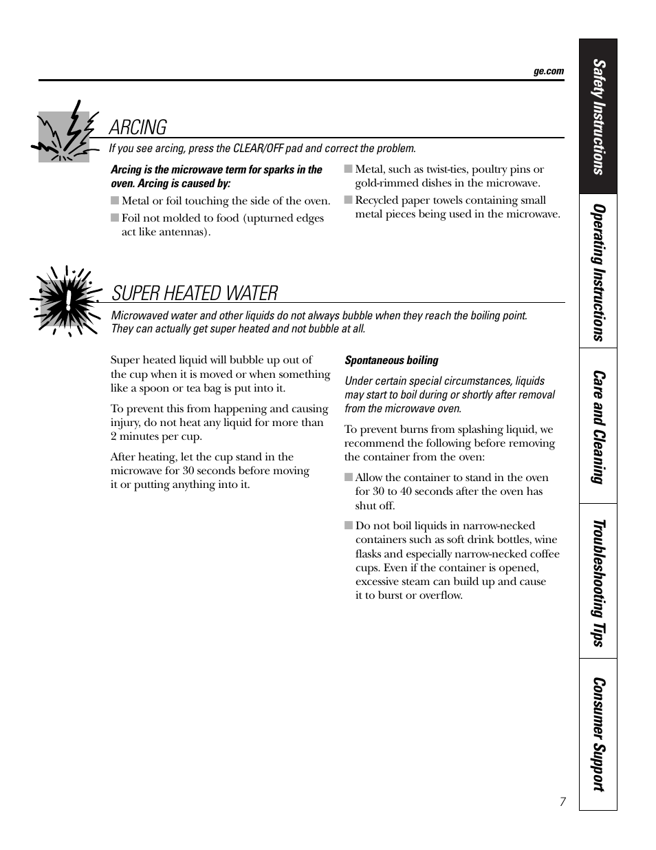 Arcing, Super heated water | GE PT970SMSS User Manual | Page 7 / 104