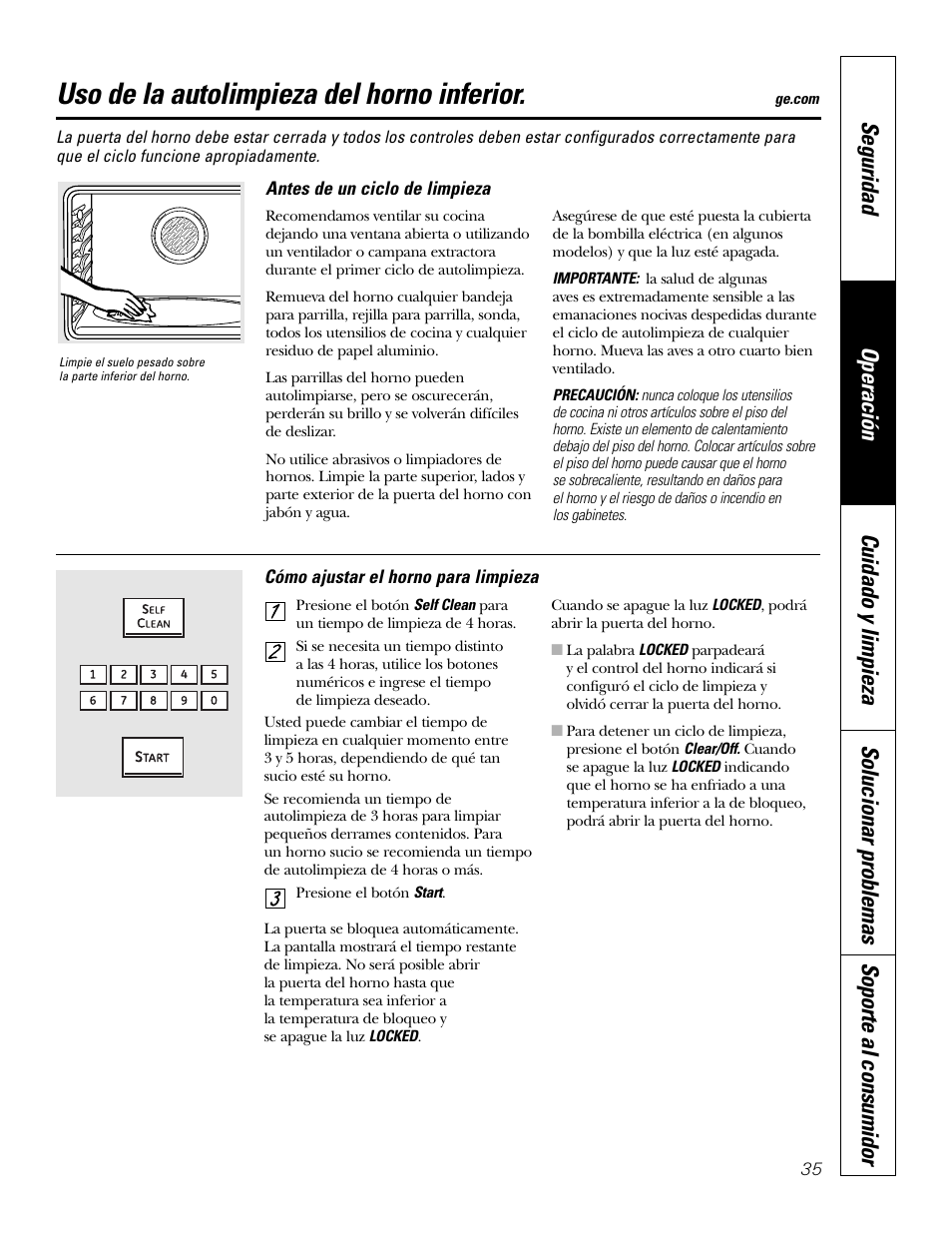 Autolimpieza del horno inferior, Autolimpieza del horno inferior , 36, Uso de la autolimpieza del horno inferior | GE PT970SMSS User Manual | Page 87 / 104