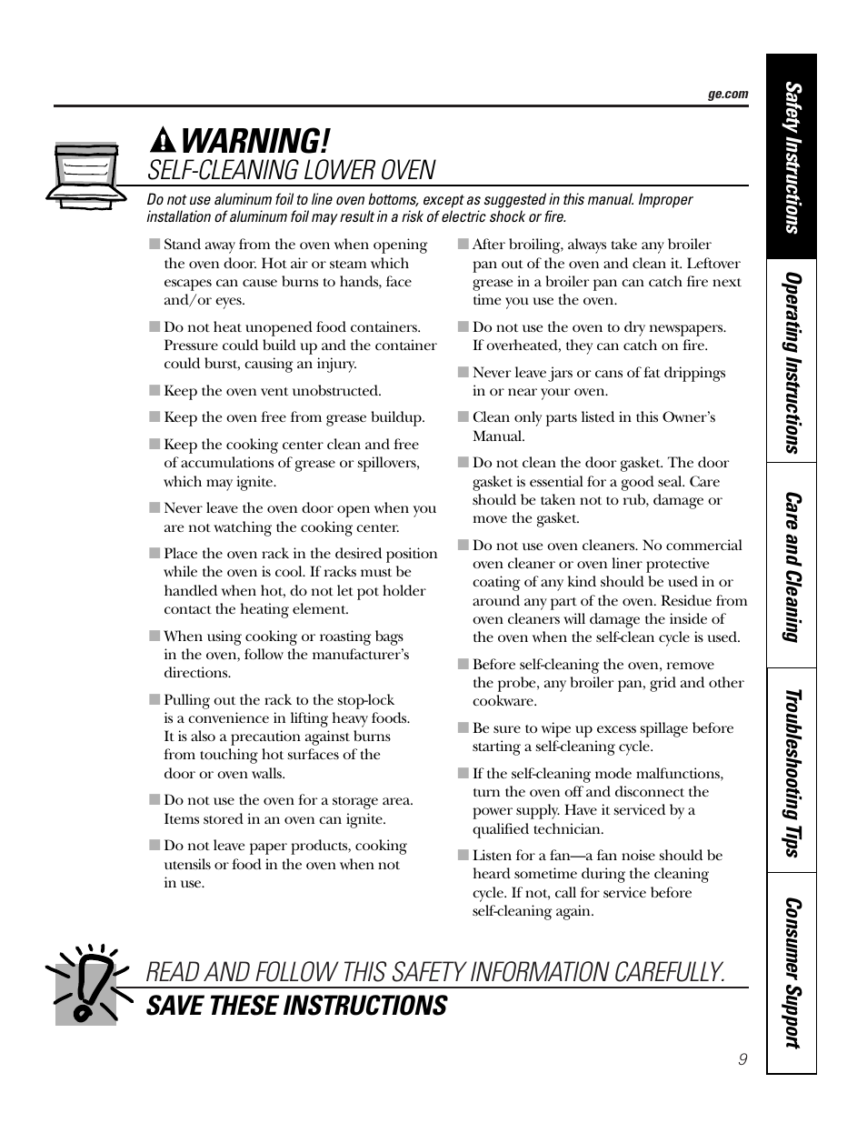 Warning, Self-cleaning lower oven | GE PT970SMSS User Manual | Page 9 / 104