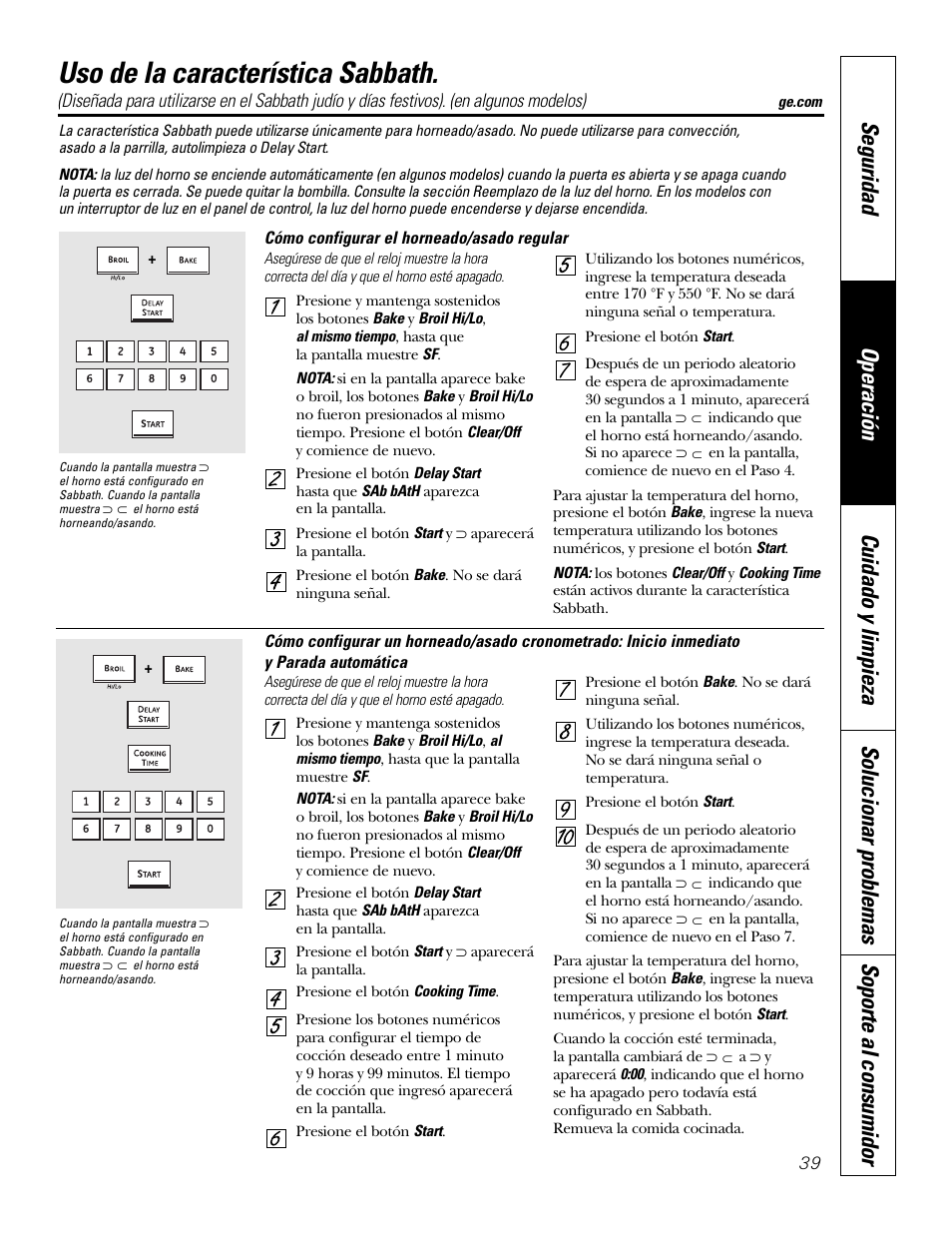 Función sabbath, Función sabbath , 40, Uso de la característica sabbath | GE PT970SMSS User Manual | Page 91 / 104