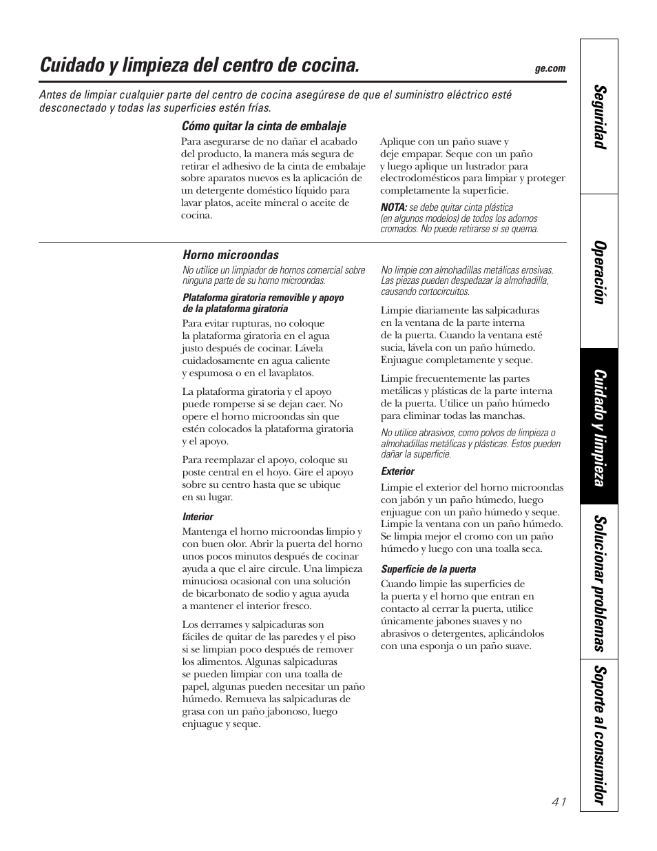 Horno microondas, Cuidado y limpieza del centro de cocina | GE PT970SMSS User Manual | Page 93 / 104