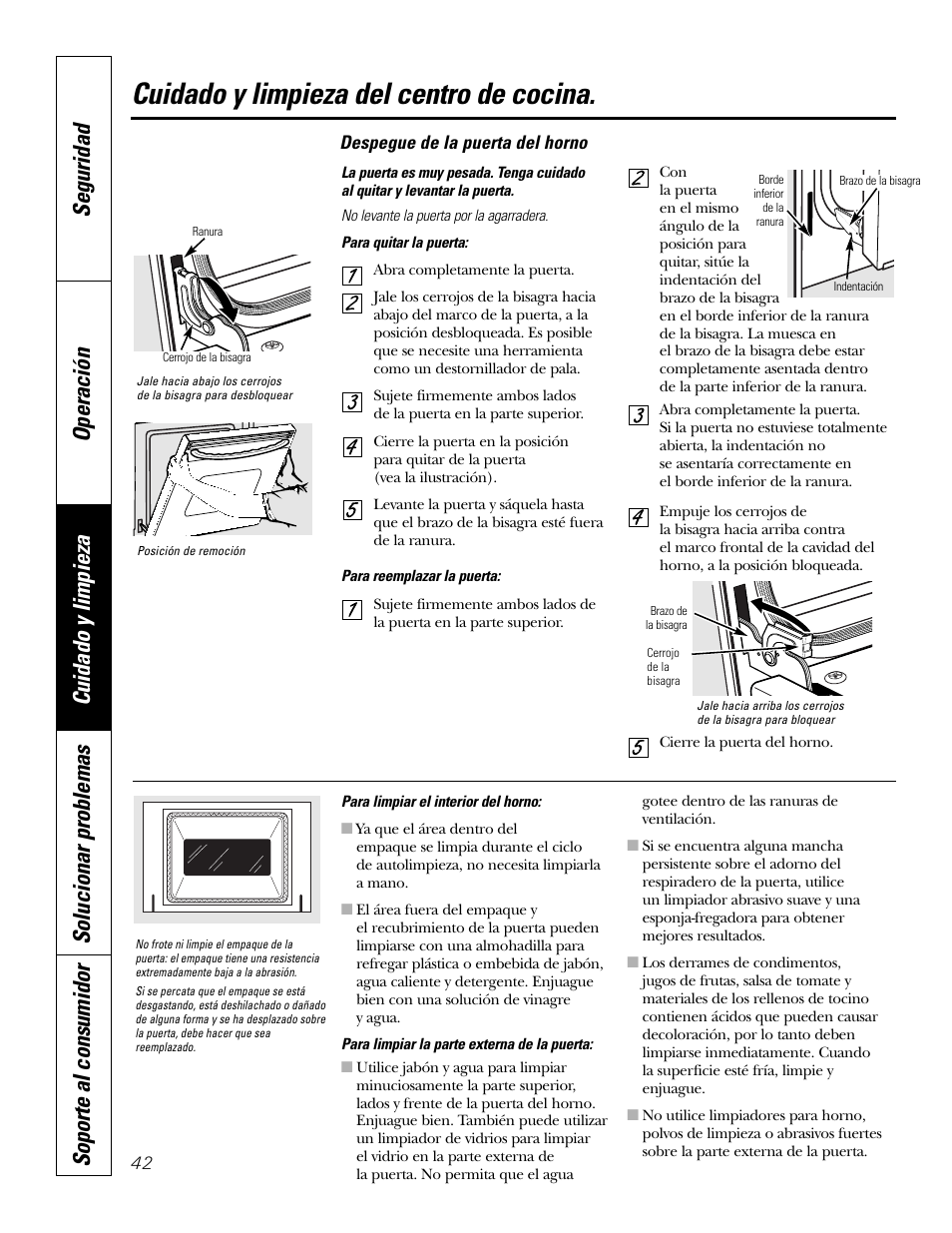 Puerta, Cuidado y limpieza del centro de cocina | GE PT970SMSS User Manual | Page 94 / 104