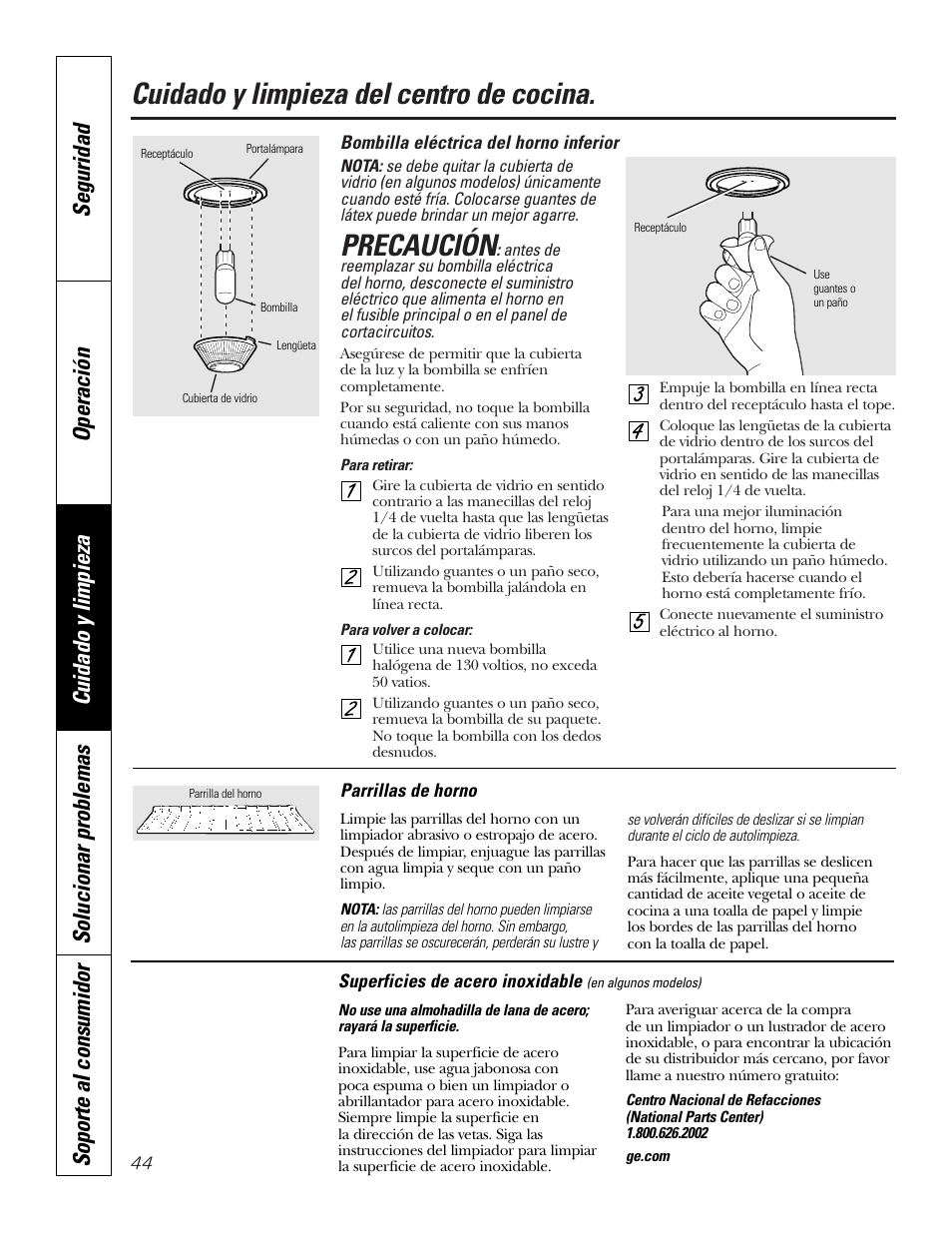 Bombilla de alumbrado, Parrillas, Cuidado y limpieza del centro de cocina | Precaución | GE PT970SMSS User Manual | Page 96 / 104