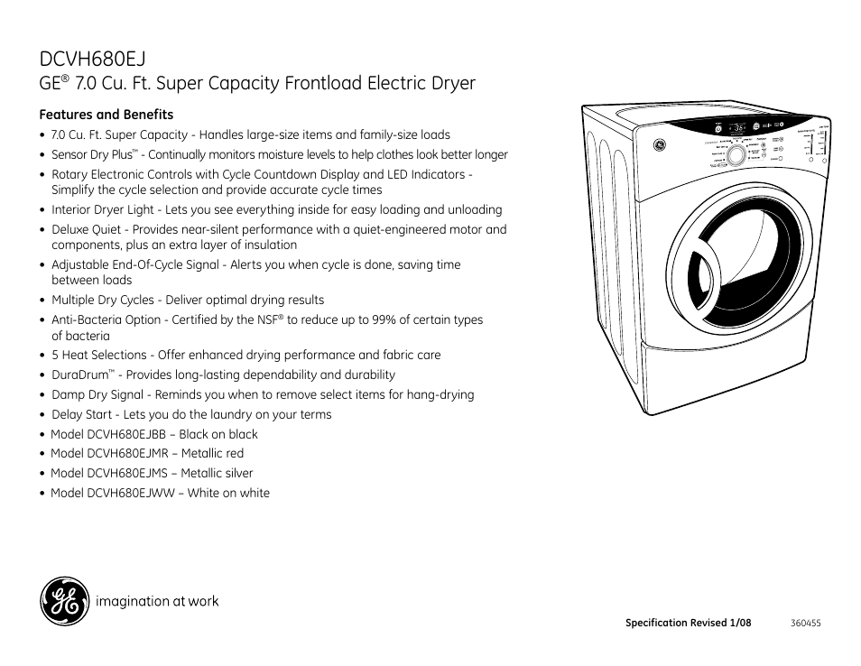 Dcvh680ej, 0 cu. ft. super capacity frontload electric dryer | GE DCVH680EJ User Manual | Page 4 / 4