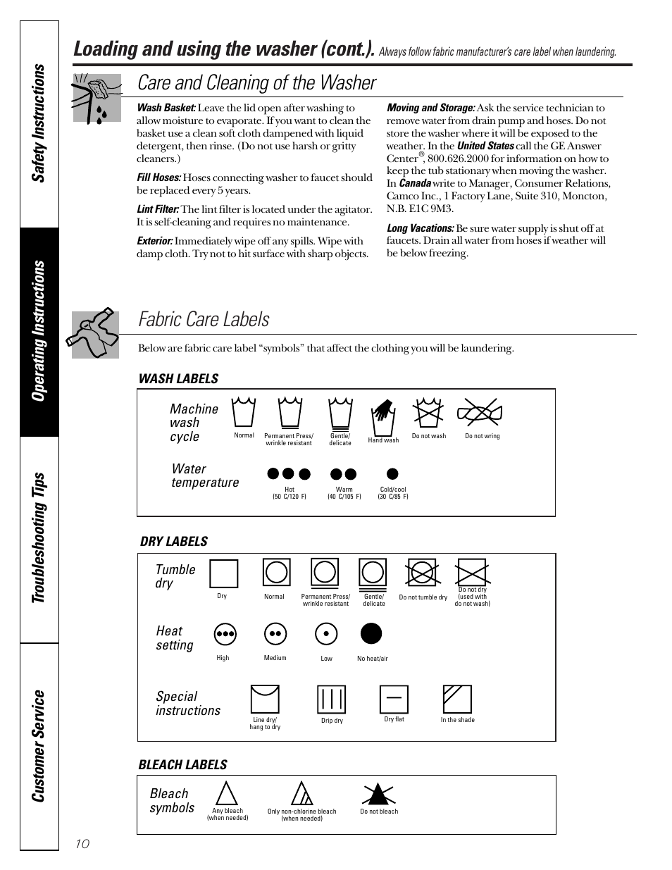 Loading and using the washer (cont.), Fabric care labels, Care and cleaning of the washer | Machine wash cycle, Water temperature, Tumble dry, Heat setting, Special instructions, Bleach symbols, Wash labels dry labels bleach labels | GE WASE4220 User Manual | Page 10 / 48