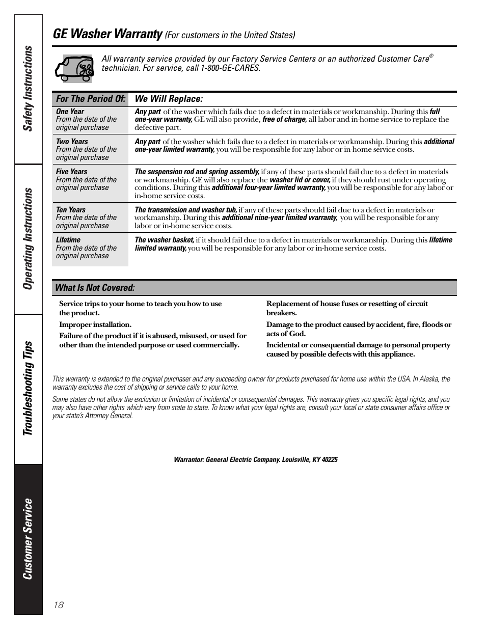 U.s. warranty, Ge washer warranty | GE WASE4220 User Manual | Page 18 / 48