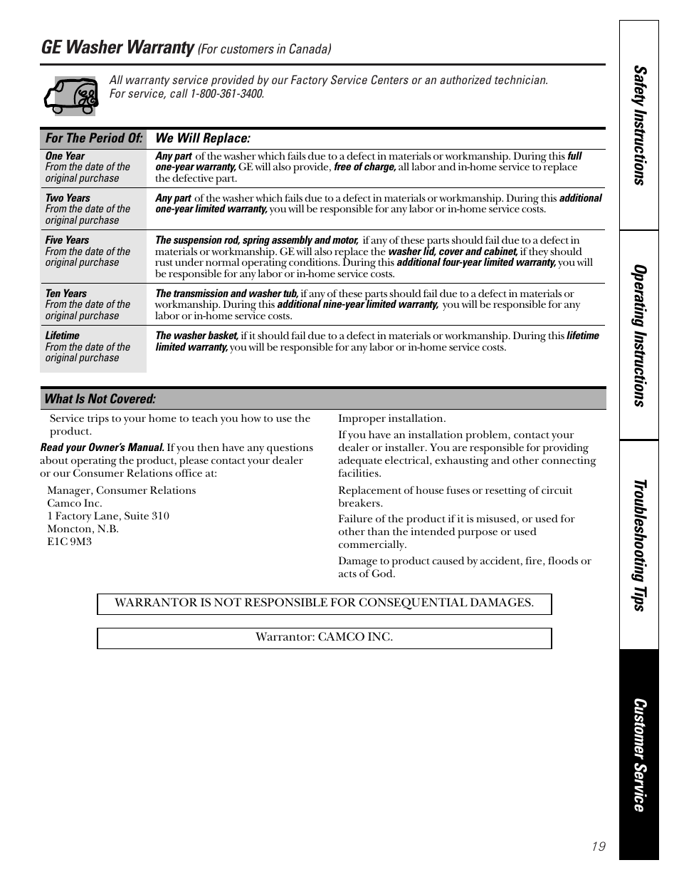 Canada warranty, Ge washer warranty | GE WASE4220 User Manual | Page 19 / 48