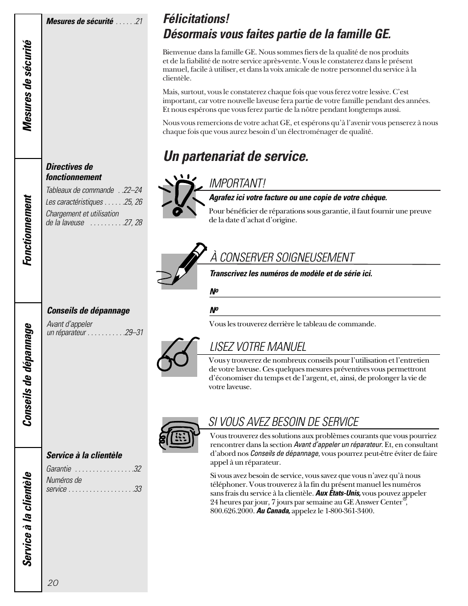 French table of contents, Directives de fonctionnement, Conseils de dépannage | Service à la clientèle, Un partenariat de service, À conserver soigneusement, Important, Lisez votre manuel si vous avez besoin de service | GE WASE4220 User Manual | Page 20 / 48