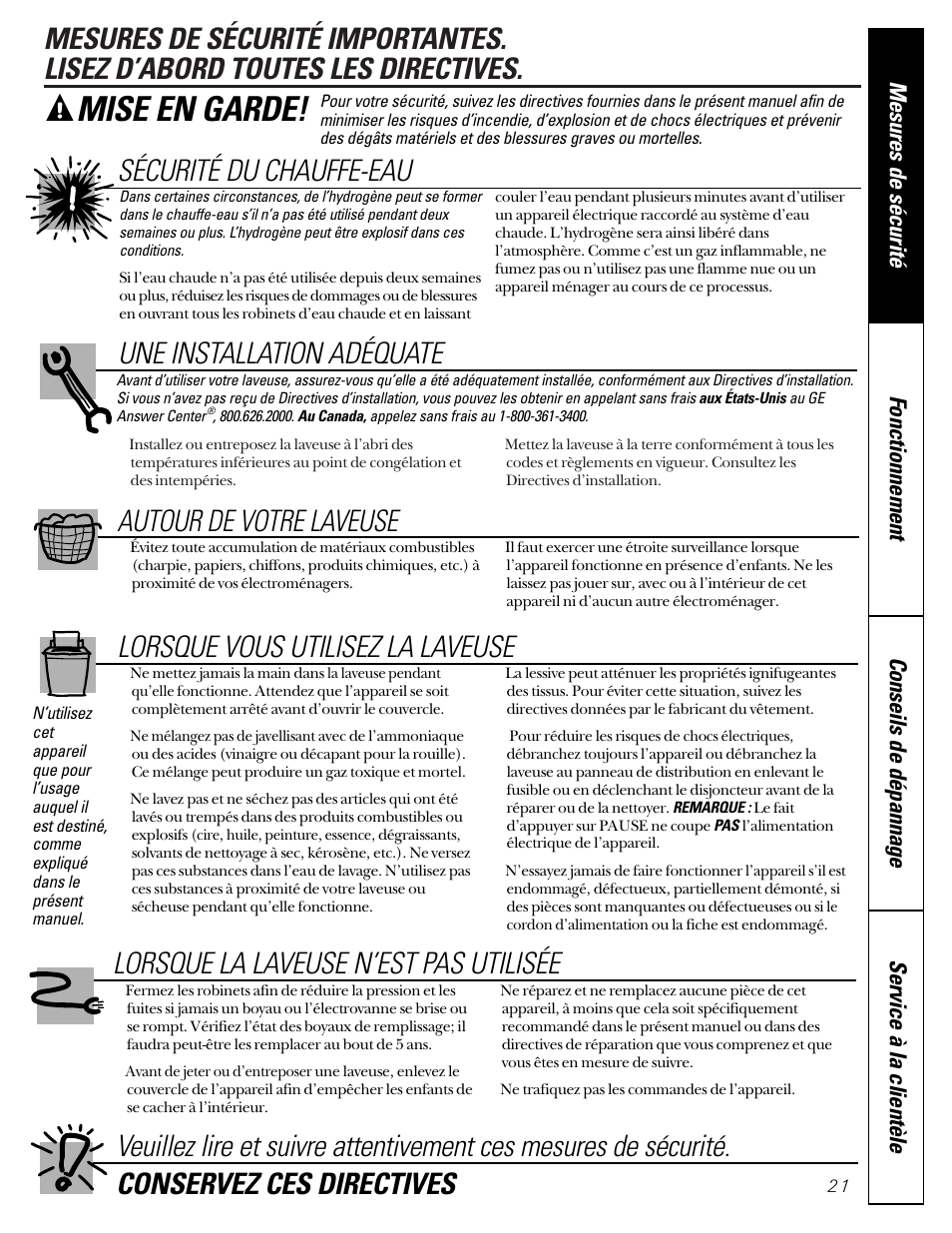 Mesures de sécurité, Mise en garde, Sécurité du chauffe-eau | Une installation adéquate, Autour de votre laveuse, Lorsque vous utilisez la laveuse | GE WASE4220 User Manual | Page 21 / 48